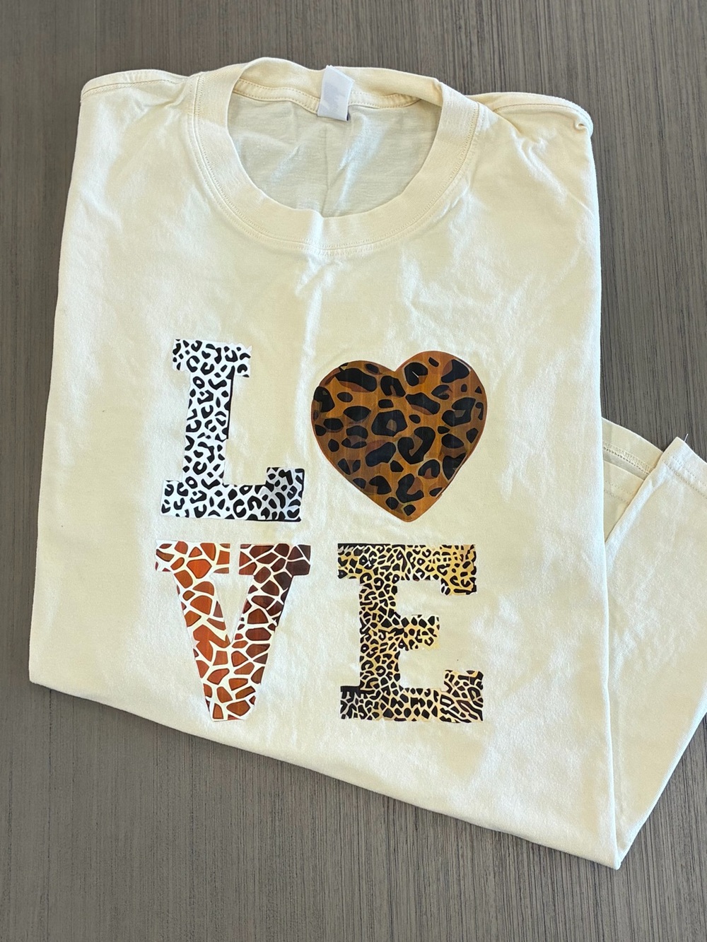 Womens LOVE Graphic Tee - Cream with Animal Print